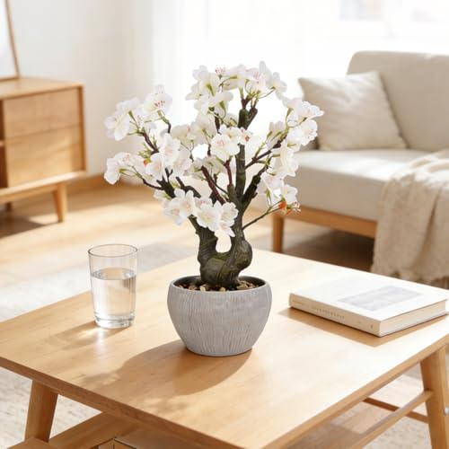 KAIRNE Artificial White Cherry Blossom Potted,15.7 Tall Fake Bonsai Tree,Flowers Faux Plants Plant,Realistic Decorative Plants Potted,Spring Floral Table Decoration for Home Office Gifts Desk Decor - color: Cherry Blossom