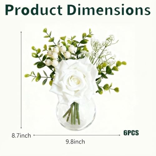 Garvee 6 Pcs Artificial Flowers in Vase, Lifelike Fake Rose Eucalyptus Leaves & Baby Breath, Faux Flower Arrangements for Wedding Bride Bouquets Home Kitchen Table Decorations, White