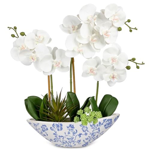 Briful White Orchid Fake Flowers 17in Artificial Orchid Silk Flowers in Blue and White Ceramic Pot Faux Orchid Arrangement for Home Office Bathroom Dining Table Modern Decoration - color: White-blue and White Porcelain Vase
