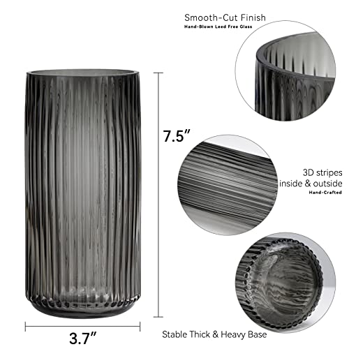 TIMEFOTO Flower Vase 7.5 inch Grey Thickened Hand Blow Glass Vase Round Vintage Striped Bottles for Bookshelf,Dinner Table,Indoor Office Desktop,Meeting Room,Bathroom,Countertop,Home - color: Glass Gray, size: 7.5 inch