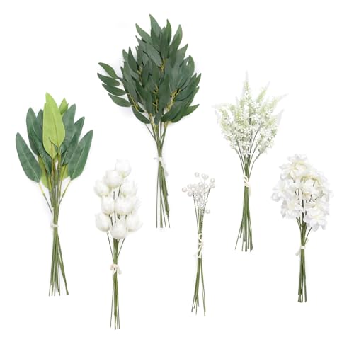 Ling's moment Artificial Greenery Stems Box Set, 86pcs with 6 Kinds of Faux Greenery Picks for DIY Bridal Bouquets Wedding Floral Arrangement Table Centerpieces, Green & White - color: Grn-green & White