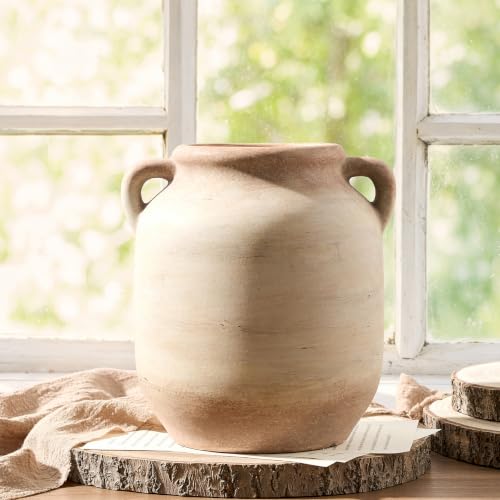 Ceramic Flower Vase Home Decor - 7.6 Inch Farmhouse Rustic White Table Vases with Handle Living Room Decoration Decorative Vintage Pottery for Kitchen Shelf Coffee Dining Desk Bookshelf Fireplace - color: A-7.6" Rust