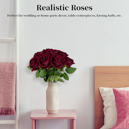 10 PCS Artificial Roses with Long Stems Silk Flowers Realistic Foam Flowers Fake Roses for Valentine's Day Home Wedding Halloween Decor(Wine Red) - color: Wine Red