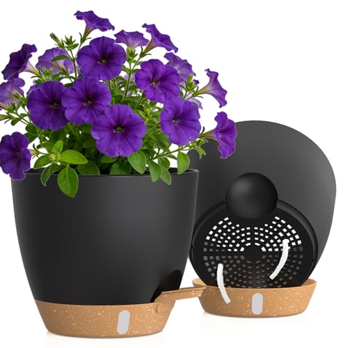 Self Watering Pots with Drainage Holes, 2 Pack 10 Inch Plant Pots with Water Level Indicator Deep Reservoir, Large Plastic Planter for Indoor Outdoor Plants - Black Brown - color: Black Brown, size: 10 Inch 2 Pack