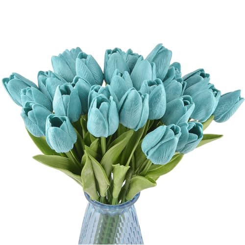 Artificial Tulips Bridal Wedding Festival Decor Bouquet Real Touch PU Flower Bouquet Pack of 20 (Turquoise) - color: Turquoise