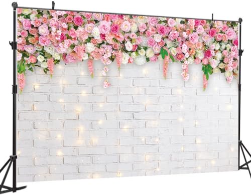 7x5FT White Brick Wall Flowers Backdrop Spring Theme Photography Background for Mother's Day Valentine Wedding Bridal Baby Shower Birthday Party Decor Banner Portrait Photo Booth Prop DH-270 ﻿ - size: 7X5FT