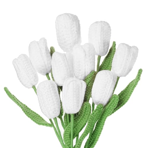 MECCANIXITY Tulip Crochet Flowers, Artificial Knitted Tulip Flower Completed Handmade Tulips Bouquet for Gift Home Birthday Wedding Decoration, White Pack of 10 - color: White