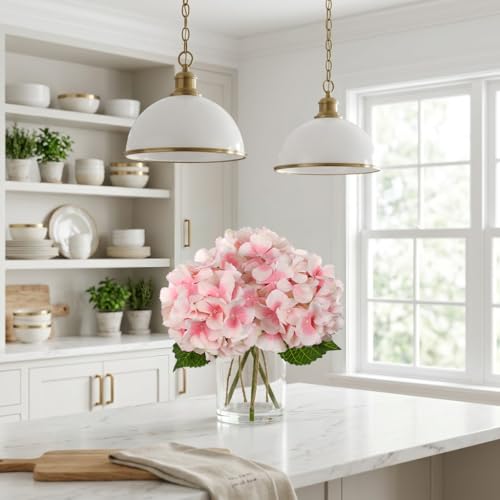 DILATATA Hydrangea Artificial Flowers with Glass Vase, Pink Real Touch Silk Hydrangea Arrangement with Faux Water, Small Faux Floral Centerpiece for Home Decor, Wedding, Bathroom, Shelf, Coffee Table - color: Pink-hydrangea