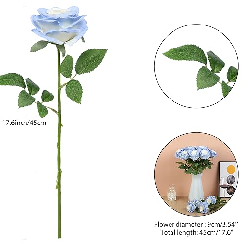 15pcs Fake Roses Artificial Silk Flowers Faux Rose Flower Long Stems Bouquet for Arrangement Wedding Centerpiece Party Home Kitchen Decor - color: 15pcs Light Delphinium Blue