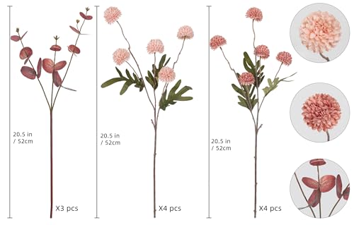 8 Stems Artificial Faux Kiku Flower with 3 Branches Eucalyptus Stems,Pink Fake Flowers Silk Pompom Mum Artificial Flowers for Wedding Bouquet Home Party Floral Arrangements(Mixed Pink) - color: Mixed Pink