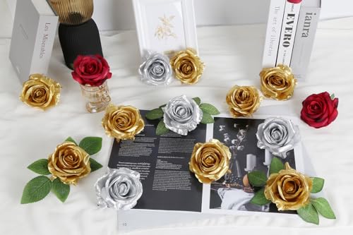 20pcs Silver Roses Artificial Flowers Fake Roses Real Looking Silk Flowers Bulk Big Faux Flowers with Stems for Wedding Centerpieces Table Home Party Decor Bridal Floral Arrangements (Silver) - color: Silver