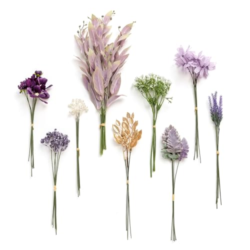 Ling's moment Artificial Greenery Stems Box Set, 42pcs with 9 Kinds of Faux Greenery Picks for DIY Bridal Bouquets Wedding Floral Arrangement Table Centerpieces, Lavender & Golden - color: Prpl-lavender & Golden