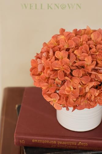 Artificial Hydrangea Flowers in Vase, Fake Flowers with White Ceramic Vase Small Faux Pot Floral Arrangement for Home Desktop plant Kitchen Bathroom Coffee Table Centerpiece Decor (Burnt Orange) - color: Hydrangea, Burnt Orange