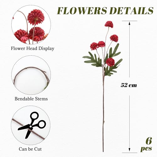 SITUMEIZI Red Faux Silk Pompon Mum Artificial Red Flowers Fake Mini Chrysanthemum Flowers Mums 6Pcs for Christmas Home Party Wedding Decorations - color: Red