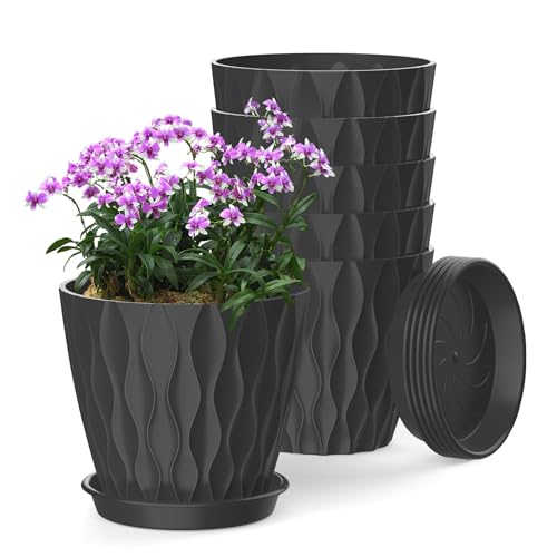 6 Inch Plant Pots, 6 Pack Indoor Flower Pots, Planters with Drainage Holes and Trays for Orchids, Violets, Succulents, Herbs, and Other Plants, Black - color: Black, size: 6inch