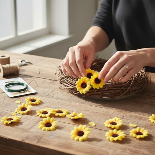 100 Pcs Sunflowers Artificial Flower Heads, Yellow Mini Fake Sunflowers Decorative Fabric Flowers Craft Floral Embellishments Silk Sun Flower Head Decorations DIY Wedding Floral Home Decor