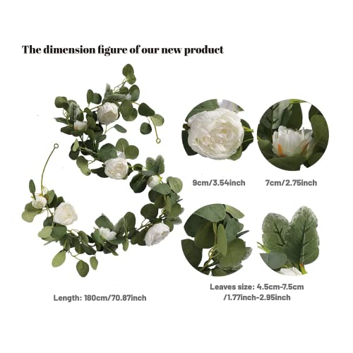 MISSPIN 2pcs Artificial Flowers Garland Spring Eucalyptus Garland Vintage Fake Flower Peony Rose Vine Greenery Decorative Wall Hanging Plant for Wedding Arch Door Arrangement Party Decor (White,2pcs) - color: White,2pcs