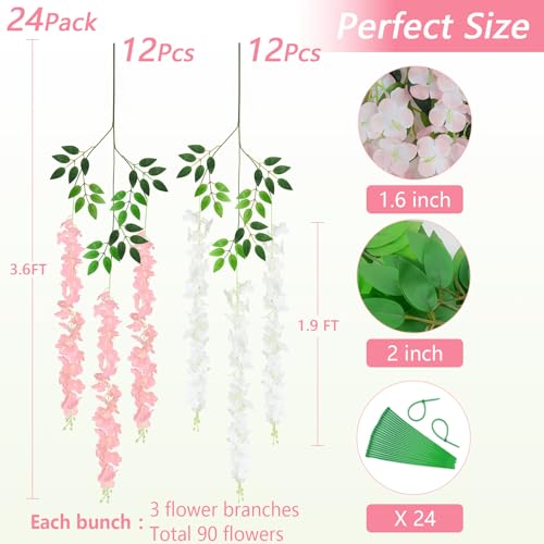 24Pcs Artificial Wisteria Hanging Flowers, 3.6Ft/Pcs White & Pink Fake Wisteria Garland for Wedding Party Home Garden Indoor Outdoor Decoration - color: White & Pink, size: 24Pcs