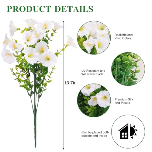 CEWOR Artificial Flowers for Outdoor Indoor, Fake Silk Morning Glory with Eucalyptus Leaves, Faux Flower for Garden Front Door Porch Planter Patio Home Decor (24 Bundles, White) - color: White Morning Glory