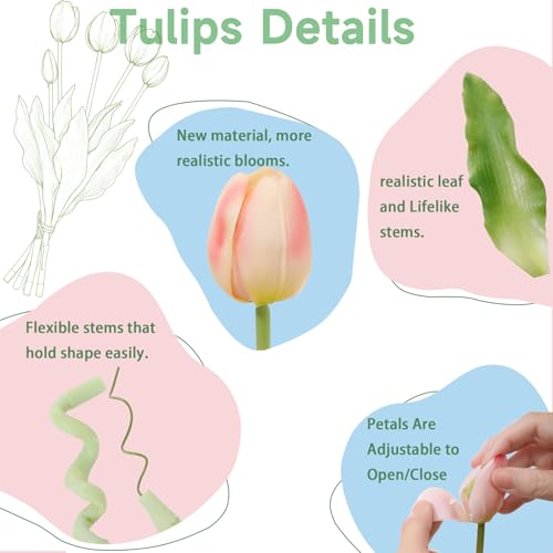 15 Pcs Meat Pink Artificial Tulips Fake Flowers, Premium Latex Lifelike Texture, UV Resistant Waterproof Faux Tulip Bouquets with Snap-on Petals for Outdoor, Home, Wedding Decor - color: Meat Pink