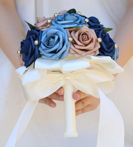 Handmade Wedding Bouquet Artificial PE Rose Bridal Bridesmaid Bouquet with Soft Ribbons Wedding Hand Holding Bouquet Artificial Fake Flowers Toss Bouquet(B-Blue & Navy Blue & Pink, 6.7"/17cm) - color: B-blue & Navy Blue & Pink, size: 6.7"/17cm