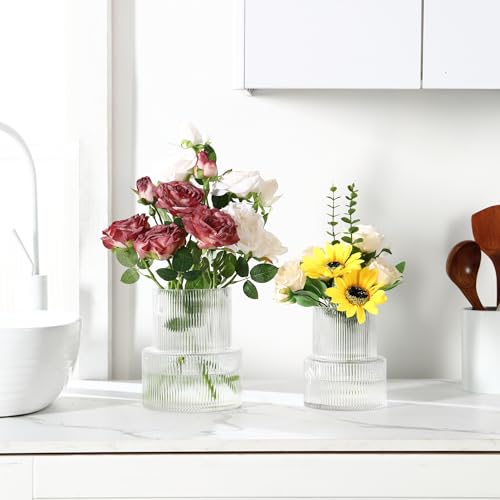 Ribbed Glass Vases for Bouquet, Set of 2 Fluted Vases for Flowers, Clear Vase for Tulips, Modern Glass Vase for Living Room, Office, Coffe Table, Dining Table, Shelf, Wedding - color: Clear, size: Ribbed Mixed Sizes (2-Pack)