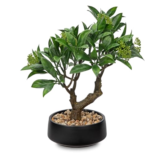 Artificial Bonsai Tree, Small Bay Laurel Bonsai Tree 13" Indoor Bonsai Tree | Fake Potted Plant Decorative Fake Desk Plant Decor with Ceramic Pot for Home Office Living Room Bathroom Table Shelf - color: Green Bay&black Pot