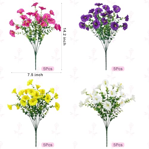 Bassion Artificial Flowers for Outdoors, 20 Bundles Silk Fake Flowers UV Resistant Realistic Morning Glory Faux Eucalyptus Plants for Outside Planters Porch Window Box Garden Indoor Decor - color: Mix Color