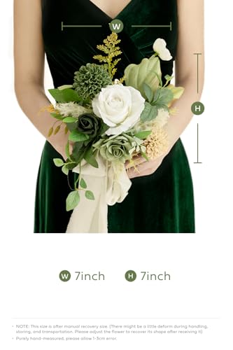 Ling's moment Artificial Flowers Green Bridesmaid Bouquet Set of 6, Emerald Beige Wedding Flowers Bouquets for Bridesmaids, 7 Inch Bridal Bouquets for Bridesmaids, Wedding, Ceremony, etc - color: Grn-emerald & Tawny Beige