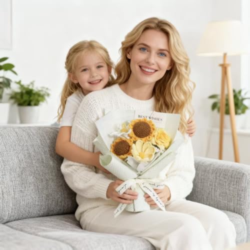 Crochet Flower Bouquet Handmade Artificial Flowers with Card - color: Sunflower
