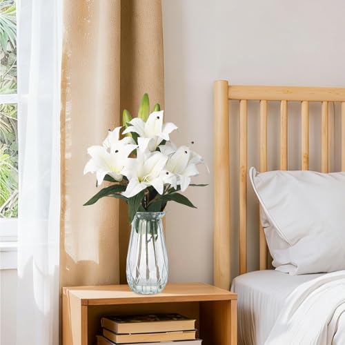6 Pcs Artificial Lily Flowers with Glass Vase, 19.7" Faux Stargazer Lily Stems with 2 Blooms and 1 Bud Each, Faux Tiger Bouquets for Home, Hotel, Party Flower Arrangement Decor (White) - color: White, size: Lily
