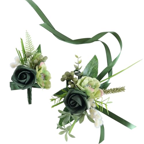 green Rose Wrist Corsage Boutonniere Set,Handmade Silk Flower for Bride Hand Flower Men Boutonniere, Prom Artificial Flower Wrist Corsage Bracelets