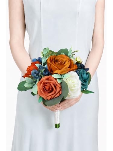 Rinlong Navy Terracotta Bridesmaid Bouquet, Fall Wedding Bouquets | Bridal Bouquet, Prom, Homecoming, Wedding, Destination Friendly - color: 07-blue & Burnt Orange