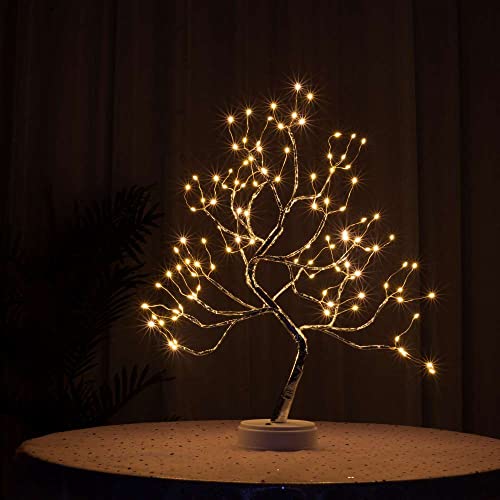 Bonsai Tree Light Silver Matte 20 Inches Artificial Tabletop Fairy Light Tree Lamp,Eight Lighting Modes,USB or Battery Operated with Timer,Decor of Bedroom,Living Room,Christmas (Warm White) - color: Silver