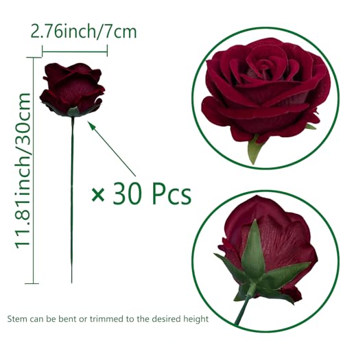 FagusHome 30 Pcs Silk Rose Artificial Flowers Roses Bulk Bouquet Fake Flowers Rose Heads with Stems for Home Wedding Decor (Dark Red) - color: Dark Red