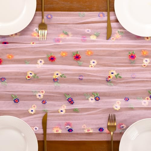 Socomi Flower Table Runner Summer Daisy Floral Tulle Gauze Cheesecloth Embroidery Table Runners for Tea Party Garden Wedding Bridal Baby Shower Birthday Picnic Decor Pink 3pcs - color: Daisy Pink, size: 10ft X 3pcs