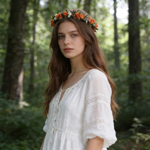 Orange Fairy Flower Headband, Artificial Boho Rose Floral Headpiece, Forest Woodland Elf Flower Crown for Women Maternity Wedding Renaissance Festival Party Hair Accessories - color: Orange