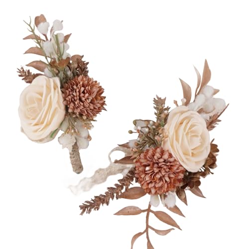 Alizeal 2Pcs of Wrist Corsage and Boutonniere Set, Artificial Flowers Accessories Suit Decor for Wedding Prom Party Homecoming Ceremony, Champagne+Orange - color: 701-champagne+orange