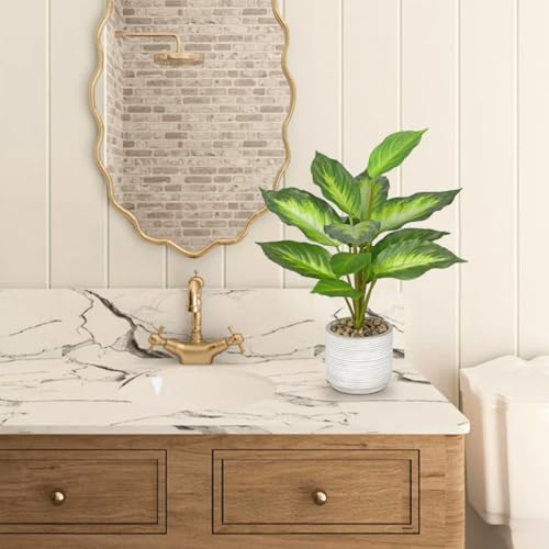 Small Fake Plants Indoor 14.5 Inch Potted Plant Artificial Decor 12 Leaves Faux Plant with Cement Pot Silk House Plants for Home Office Bathroom Kitchen Farmhouse Table Centerpieces Shelf Decor - color: Green, size: 14.5'' Plant