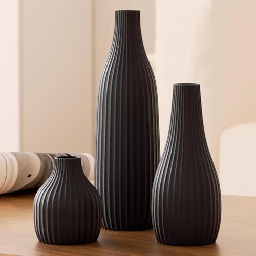 Decorative Flower Vase Set of 3 - Modern Boho Style Black Vases, Ribbed Textures Ceramic Vase for Home Decor Shelf Bookshelf Mantle TV Stand Entryway Console, Dining Table Centerpiece Decor - color: Black