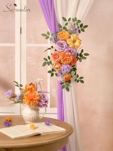 Serwalin Artificial Orange & Purple Flowers, Silk Fake Flowers Stems for Wedding Bouquets DIY, Baby Shower Centerpieces, Cake Decor, Birthday Party & Home Decor - color: Orange & Purple, size: Grand