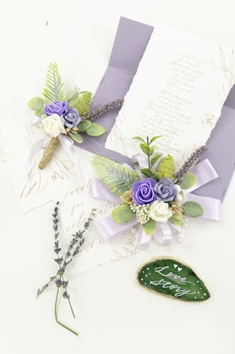 Purple Corsage and Boutonniere Set Wrist Corsage Wristlet for Prom Groom Flower Boutonniere for Men Wedding Party Homecoming Accessories Suit - color: Purple