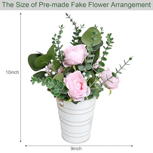 Artificial Flowers in Pot - 10 Inches Pre-Made Large Faux Silk Rose Floral Greenery Table Centerpieces with Rustic Tall Metal Vase for Farmhouse Home Decoration - Pink - color: Pink, size: 1 X Flowers Table Centerpiece