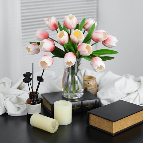 Light Pink Artificial Tulips, 2 Bundles 14Pcs, Fake Tulips Artificial Flowers, 2 x 2.4 Inch Large Flower Head Big Tulip, Easter Valentine's Day Mother's Day Home Decoration Flowers - color: Light Pink