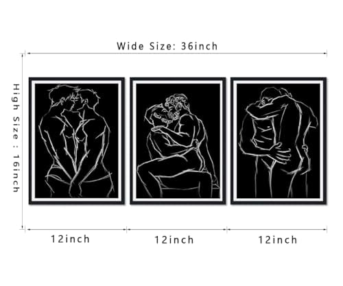 Gay Couple Canvas Wall Art 3 Piece Intimate Man Line Posters Abstract Black and White Male Figure Prints Artwork Wall Decor for Living Room Bedroom Bathroom Hotel Framed Ready to Hang 12x16inchx3pcs - color: Art02, size: 12x16x3Pcs Black Framed
