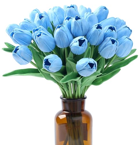 SITUMEIZI 15pcs Blue Tulips Fake Artificial Flowers Real Touch 14" PU Flower for Home Decor Spring Easter Wedding Bouquet Decorations Floral Arrangements - color: Blue