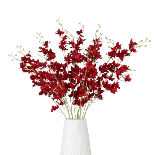 Artificial Orchid Silk Fake Red Flowers 5PCS Long Stem Artificial Flowers that Look Real Dancing Lady Orchids for Tall Vase Outdoor Home Wedding Party Office Decoration - color: Red