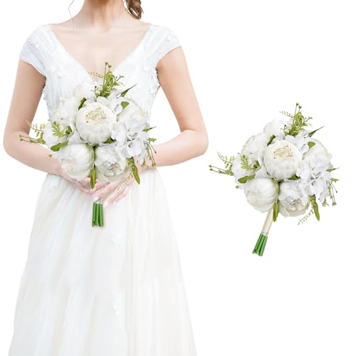 White Bridesmaid Bouquet for Wedding, an Artificial Silk Peonies Flowers Bouquet for Marriage Decorations - color: White