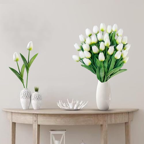 Sggvecsy 30 Pcs Fake Tulips Artificial Flowers Real Touch PU Faux Flowers Tulip Stems for Wedding Spring Bouquet Floral Arrangement Home Party Office Decorations for Mother's Day (Green White) - color: Green White, size: 30 Pcs