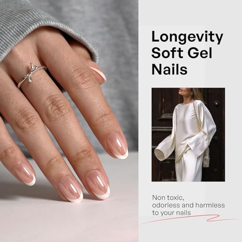 32Pcs Soft Gel Press on Nails for Women, White French, Short Oval | Glazed Donut Aurora False Fake Nails Press Ons for Office Daily Wear, Salon Quality Reusable Glue & Stick on Nail Gift Kit - color: 5J-White French